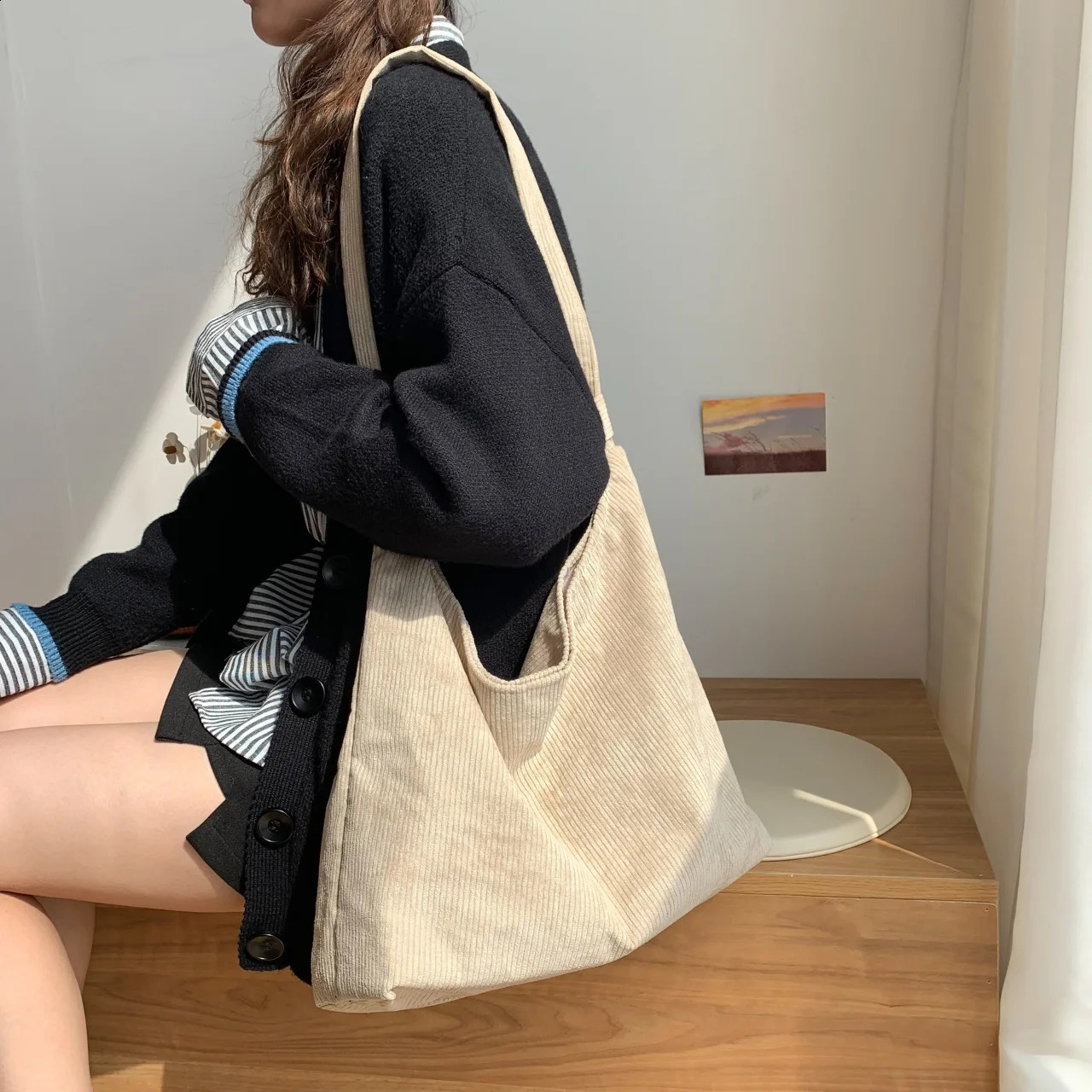 Corduroy Canvas Bag Student Shoulder Tote Cloth Bag Large Capacity Tote Class Bag 250122