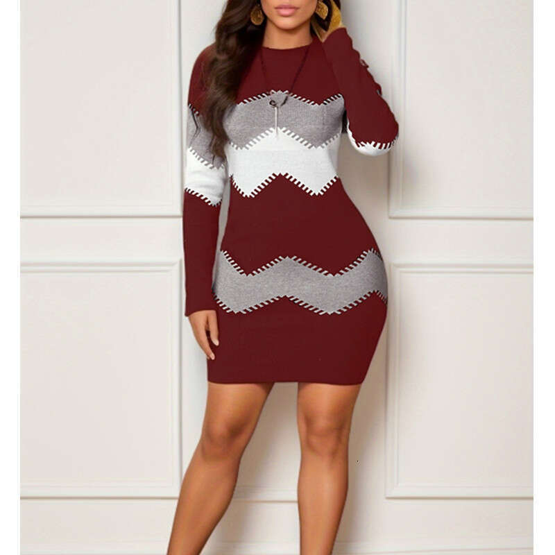 European American women's mid to short skirt, round neck, long sleeved printed knitted hip hing dress, 2024 new style, chic and elegant clothing