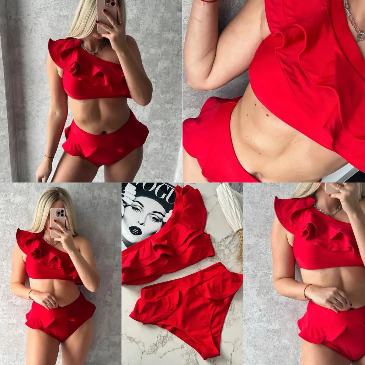 2025 One Shoulder Ruffle Swimsuit High Quality Sexy Bikinis Women Swimwear Print Brazilian Biquini High Waist Beachwear Swim 250121