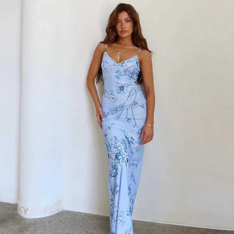 Sveless Floral Print Suspender Dress Women Fashion V-neck Slim Maxi Dresses 2023 Summer Chic Fe Beach Party Club RobeXJ2500207