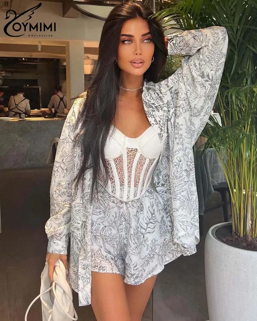 Oymimi Fashion White Print Two Piece Set For Women Elegant Long Sleeve Button Shirts And High Waisted Shorts Female Streetwear 250206