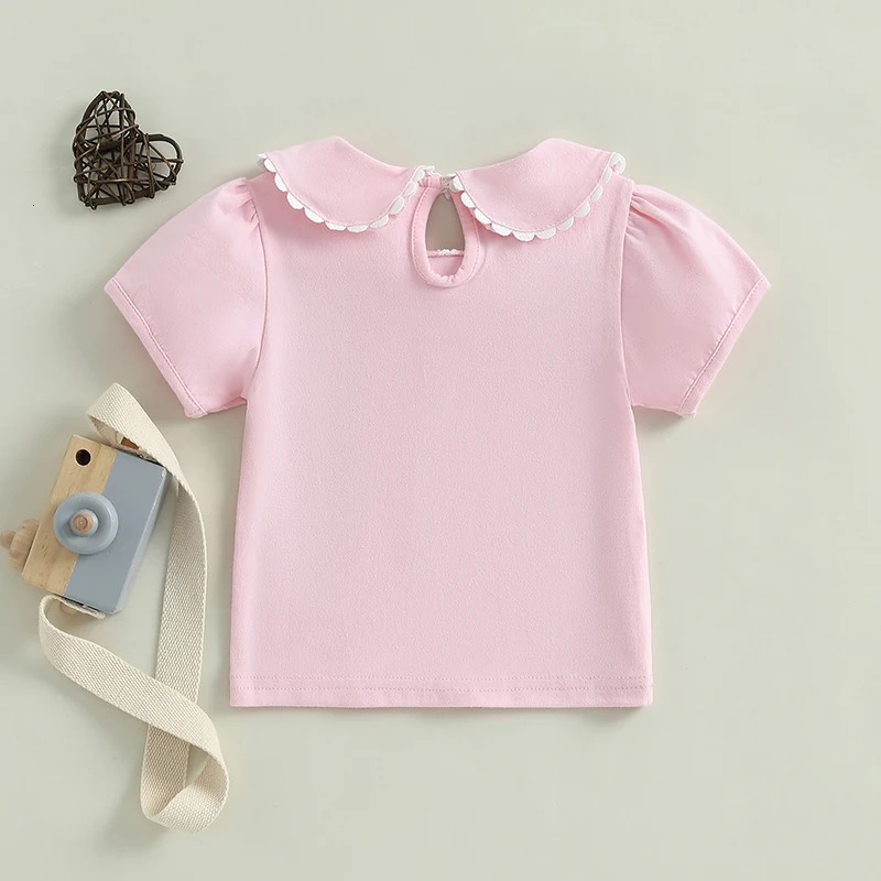Adorable Baby Girl Summer T-Shirt with Cute Doll Collar and Stylish Contrast Color Short Sleeves for a Casual Look 250207