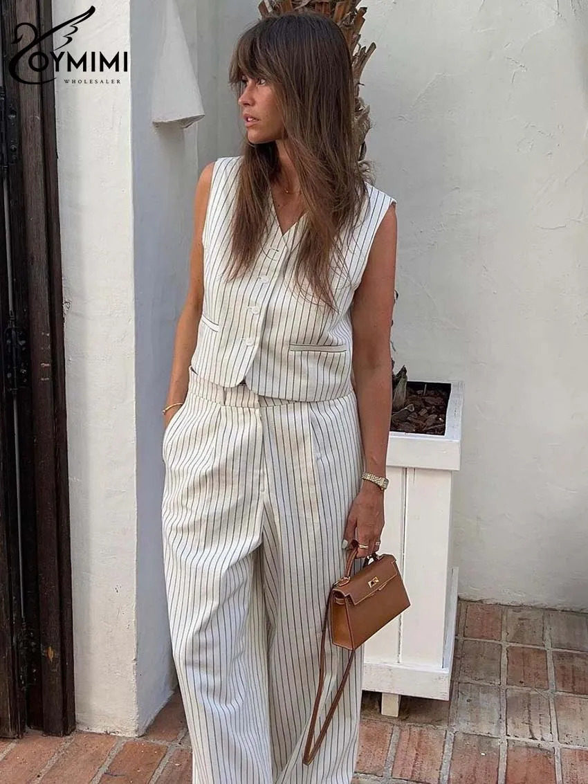 Oymimi Elegant White Print Two Piece Set For Women Fashion VNeck Sleeveless Button Tank Tops High Waist Straight Trousers 250206
