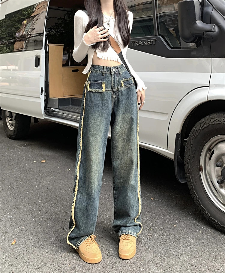 150 Petite girls American vintage furred jeans for women High waisted straight leg wide mop xs with a height of nine points 250206