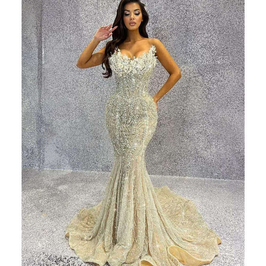 Evening Mermaid Sleeveless V Neck Strapless Sequins Beaded Appliques D Lace Dias Prom Dresses Custom Made