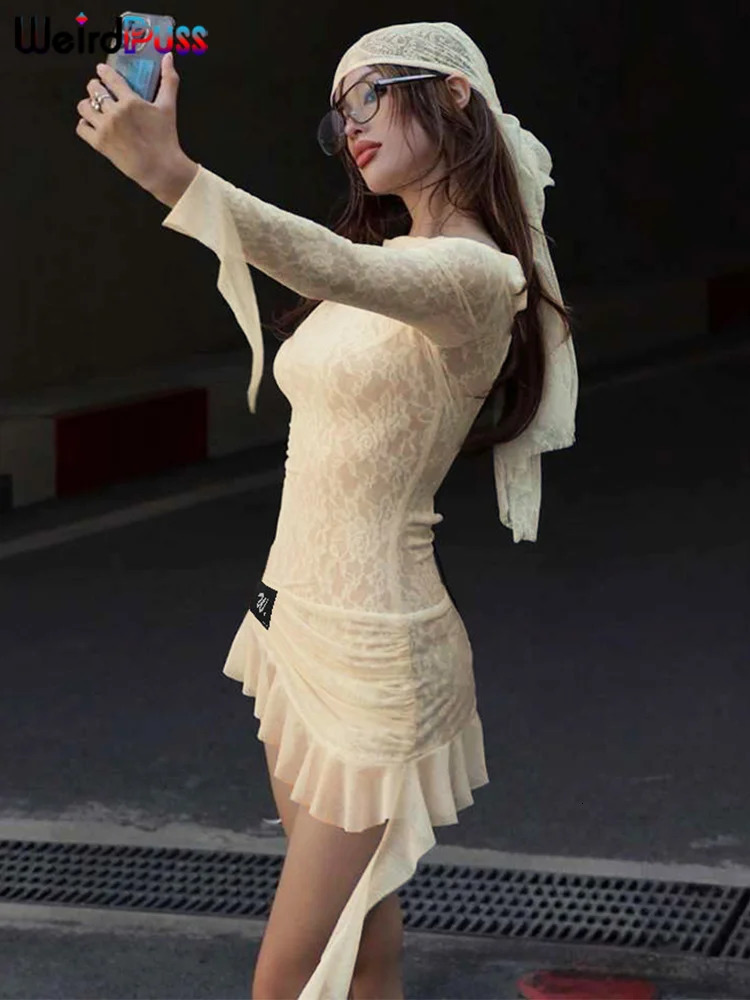 Weird Puss Lace Patchwork Dress Woman Summer Sexy See Through Bandage Backless Ruffles Long Sleeve Irregular Hem Skinny Bodycon 250207