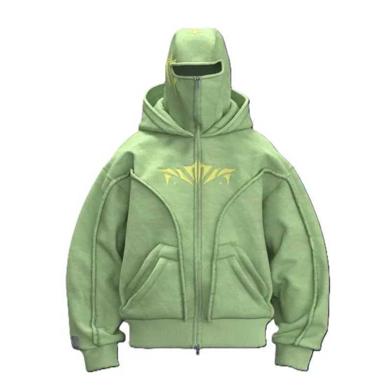 Y2K Phantom Hoodie Zipper Balaclava Double Hat Embroidery Streetwear Gothic Distressed Heavyweight Unisex Oversize Sweatshirt W250207