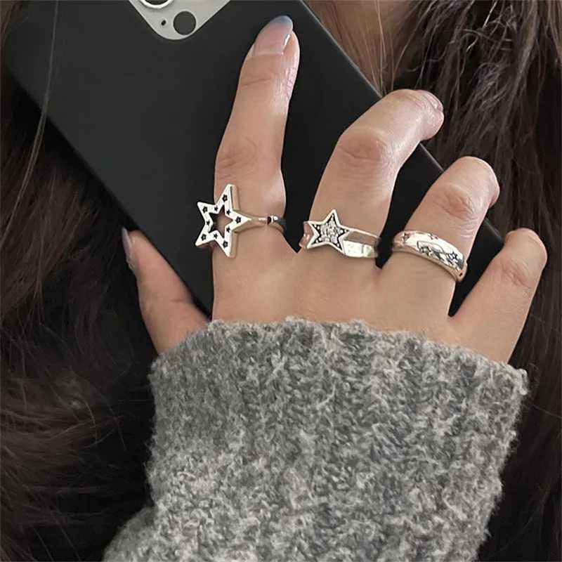Vintage Pentagram Geometric Star Ring for Women Men Punk Gothic Sliver Color Adjustable Couple Rings Y2K Egirl Jewelry Gift W250207
