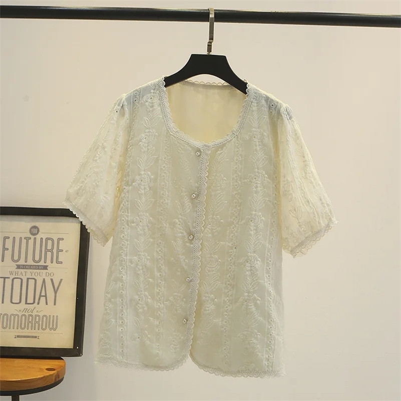 Fashionable Embroidered Tweed Top For Plus Size Women Loose Fit Slimming Square Collar Shirt Heavy Duty Short Sleeves 250122