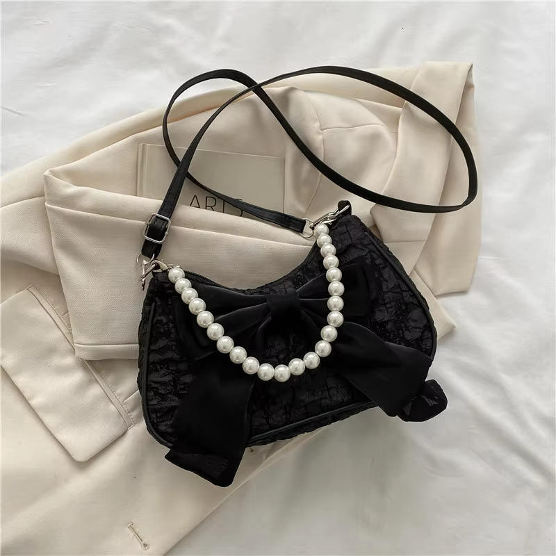 Pearl Female Bag Retro Designer Handbag Bow Crossbody Bags Fashion Canvas Women's Trend Shoulder Bag Purses Polyester Casual
