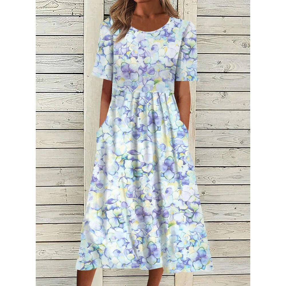 Summer Mid Waist Round Neck Printed Large Swing Women's Dress 2024 New Casual Fashion Trendy Clothing