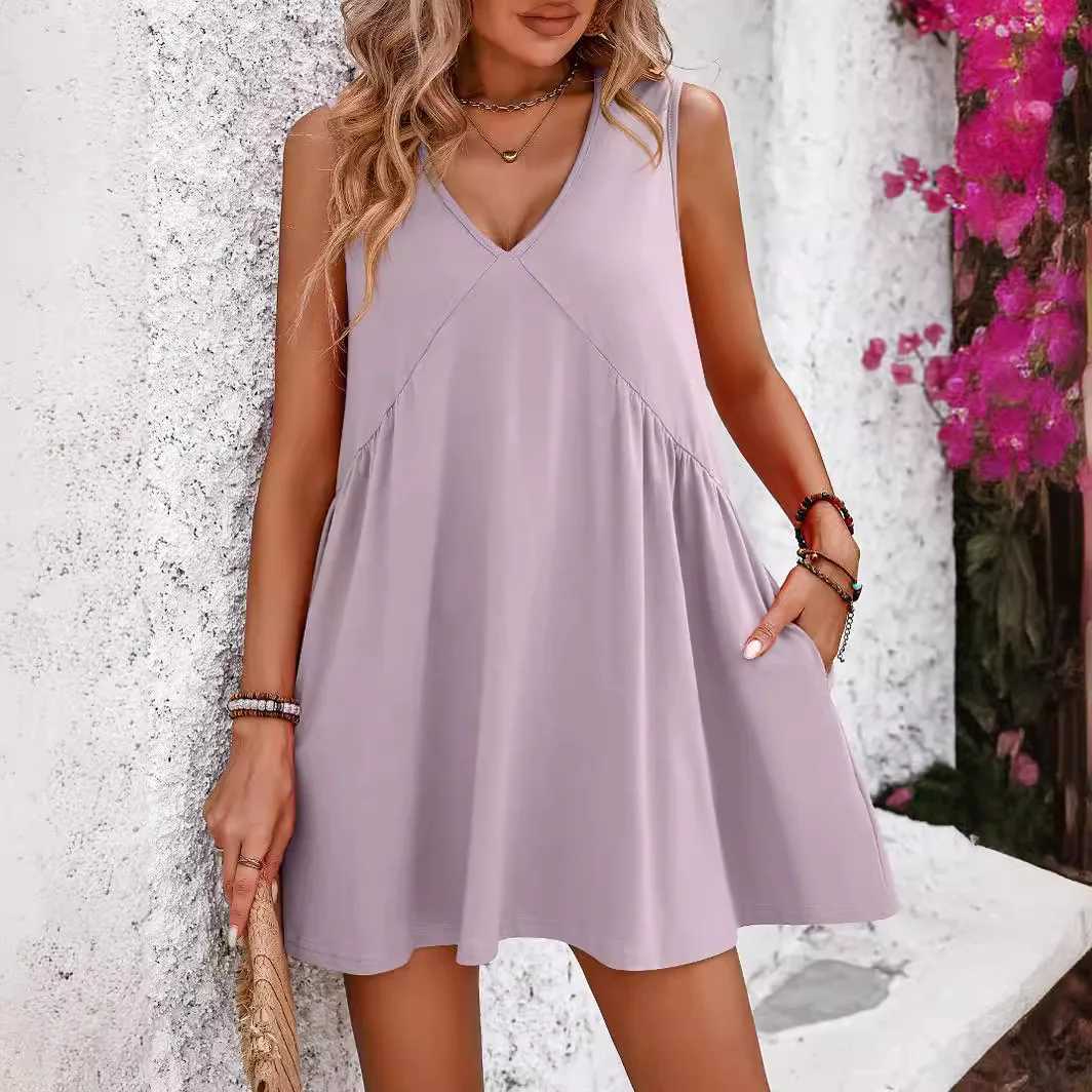 2024 Womens Beach Dress Casual V-neck Sveless Loose Vest Dress Womens Summer Sun Dresses Fe Retro Solid Soft DressXJ2500207