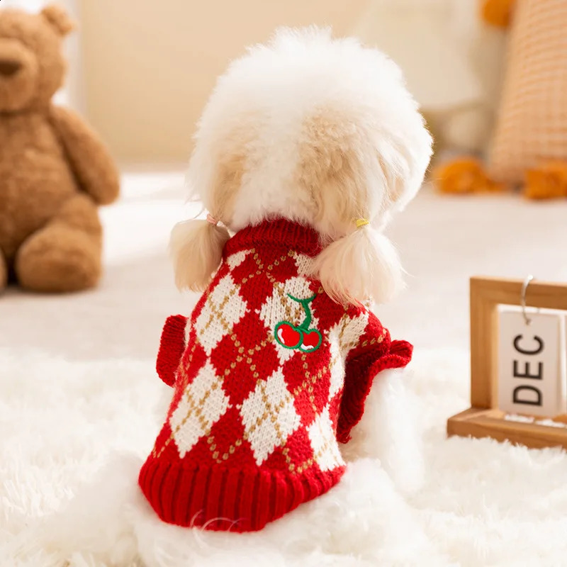 Winter Dog Sweater Fashion Plaid Dog Clothes Warm Soft Puppy Knitted Sweater Cherry Print Cat Pullovers Chihuahua Pet Clothes 250206