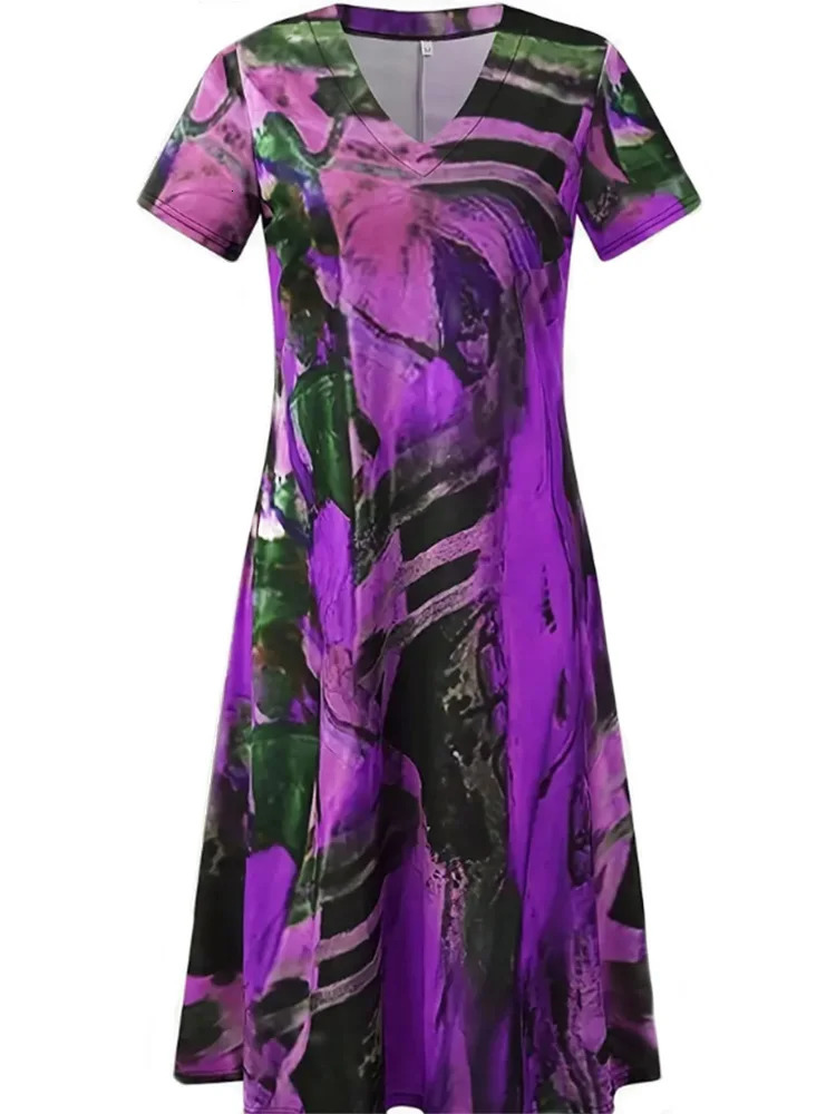 Plus Size 2023 Summer Loose Dress Sexy V Neck Printed High Waist Evening Party Short Sleeve 250206