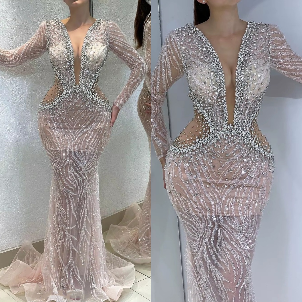 Gorgeous Mermaid Bridal Gowns Crystal Sequins Wedding Dress Beaded Custom Made Princess See Through Long Sleeves Sweep Train Bride Dresses Vestido de 