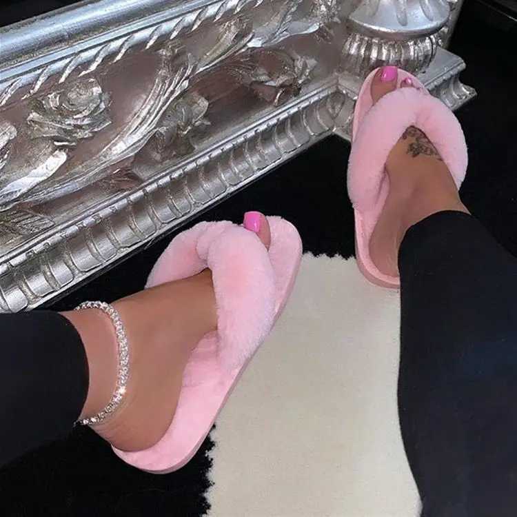 Winter Women House Slippers Faux Fur Warm Flat Shoes Female Slip Home Ladies Slippers Size 36-43 WholesaleXJ250207
