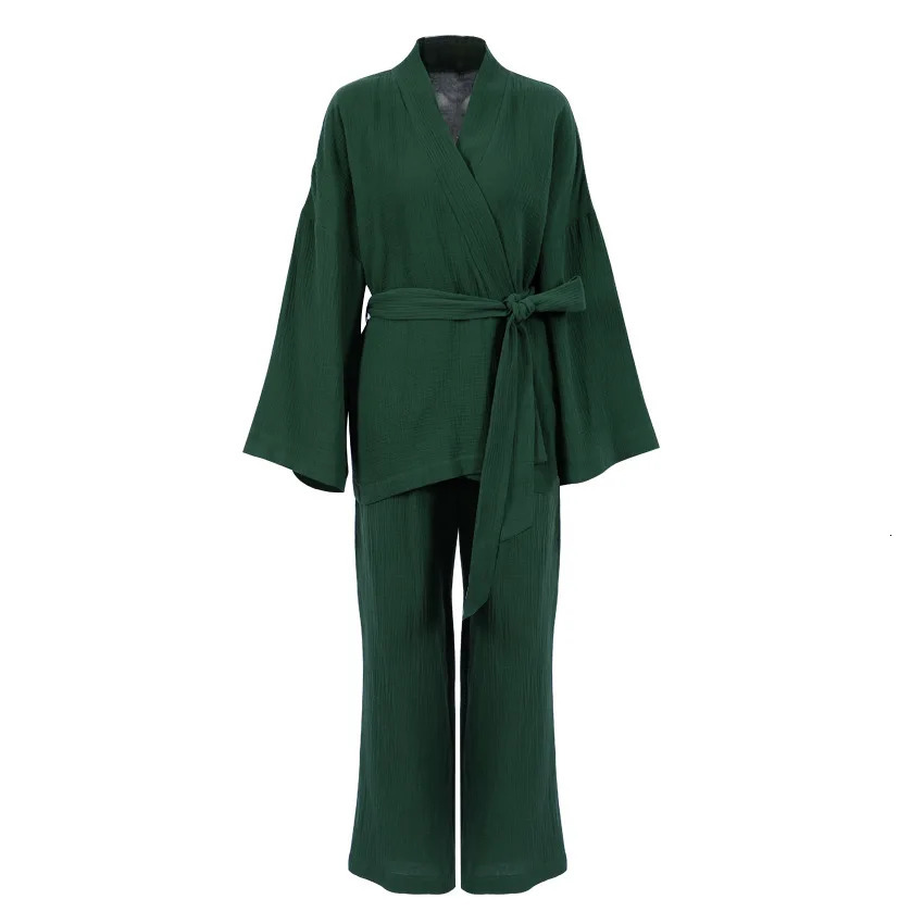 NHKDSASA Kimono Pajamas 100% Cotton Crepe Long-Sleeved Trousers Ladies Sleepwear Suit Womens Home Service Mujer 250207