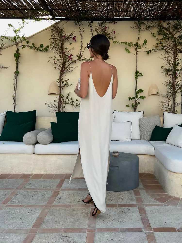 Backless Sexy Solid Color Womens Suspender Dress Ele Off Shoulder Slit Long Robes New Sveless Seaside Vacation VestidosXJ2500207