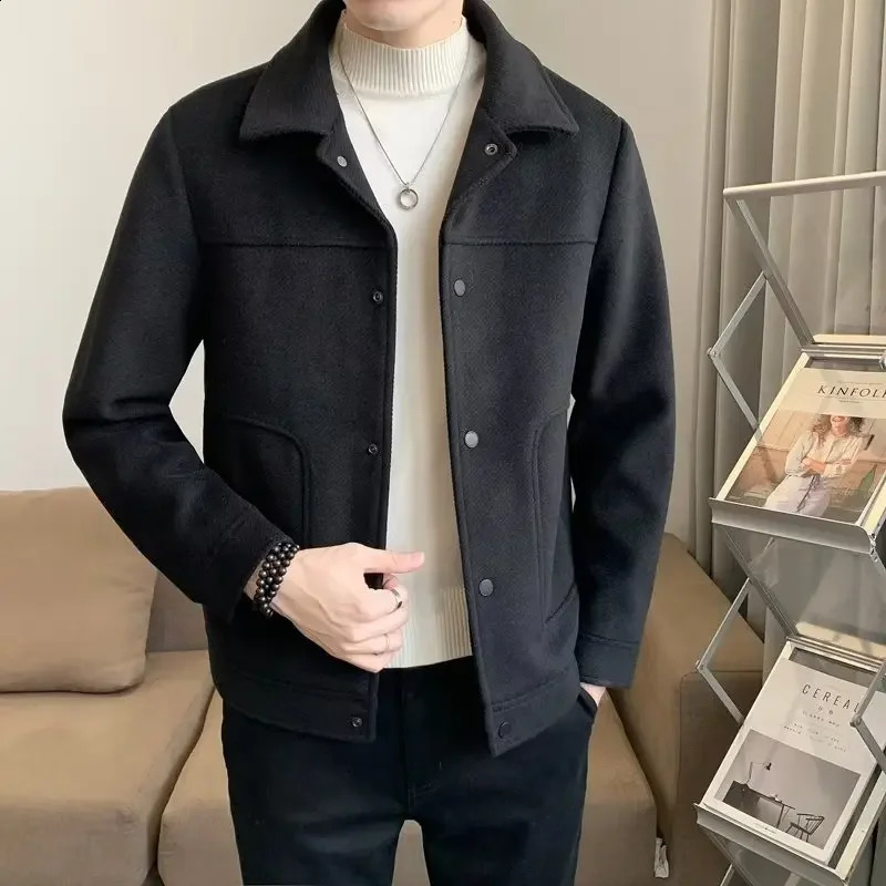 Woolenjacket Mens Autumn Winter Cropped Trendy Slim Fit Casual Jacket Solid Color Sweater Coat For Men Loose Fit Border Lapel 250206