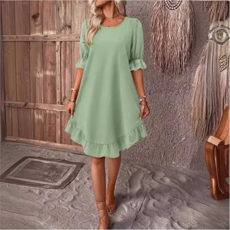 Womens Retro Cotton And Linen Mid Sved Round Neck Solid Color Loose Hem Dress For Summer Y2k Clothes Robe Femme VertidosXJ2500207