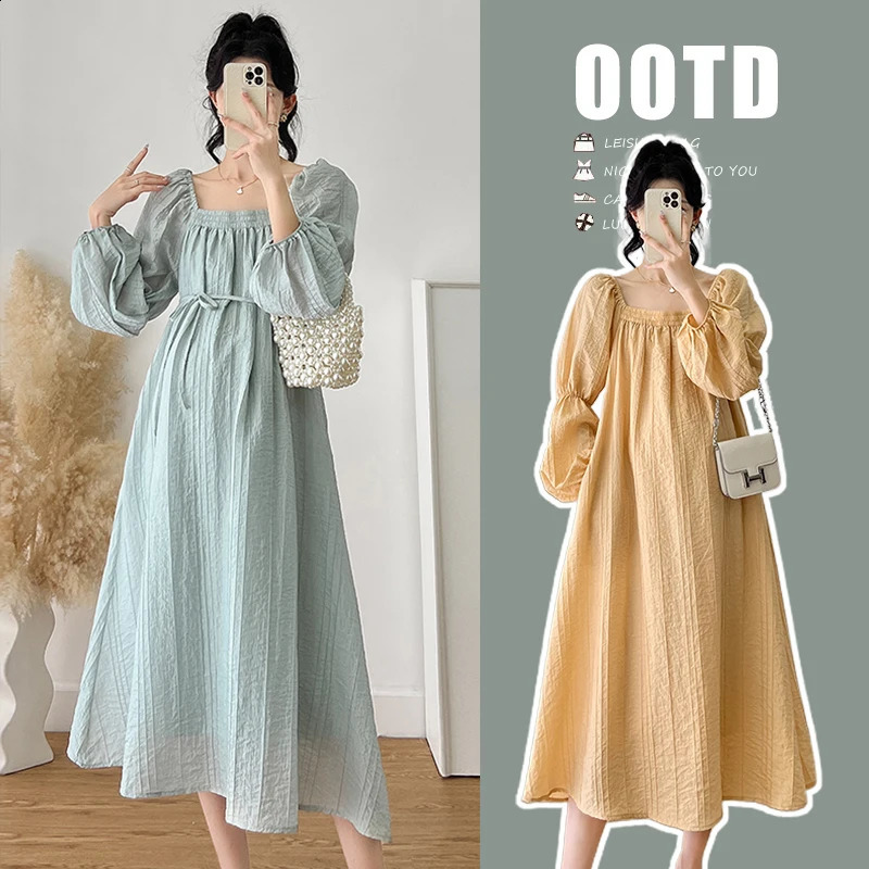 Pregnant Womens Clothing Spring Long Sleeve Square Collar Loose Maternity Chiffon Dress Plus Size Pregnancy Beach Blue 250114