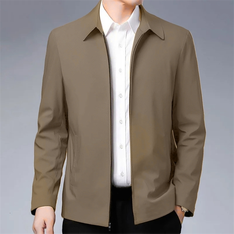 Men Jacket Elegant Mid-aged Mens Lapel Jacket with Zipper Closure Pockets for Formal Business or Casual Wear in Spring Fall 250206