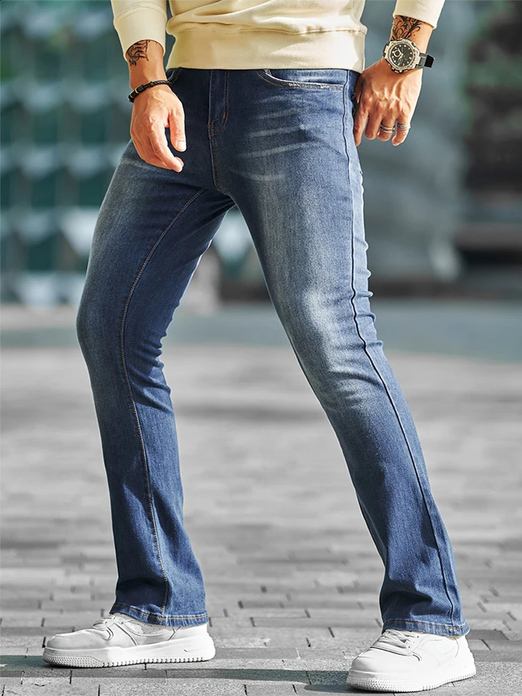Simple and fashionable mens jeans slim-fit stretch flared pants mens washed denim trousers. 250206
