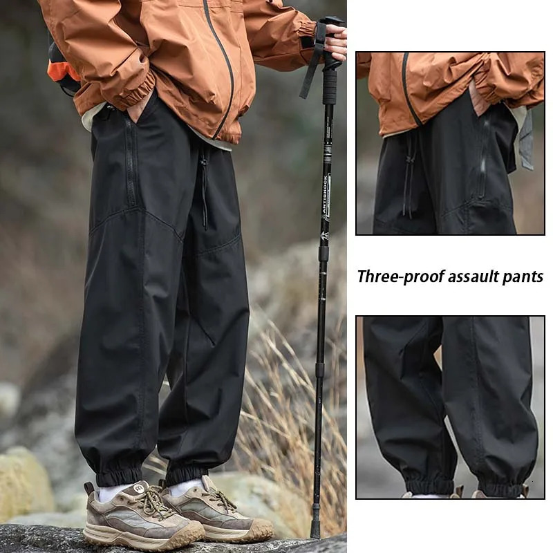 Mens Splicing Waterproof Hiking Pants Foot Binding Mouth Windproof Sport Cycling Breathability Outdoor Camping Pants 250206