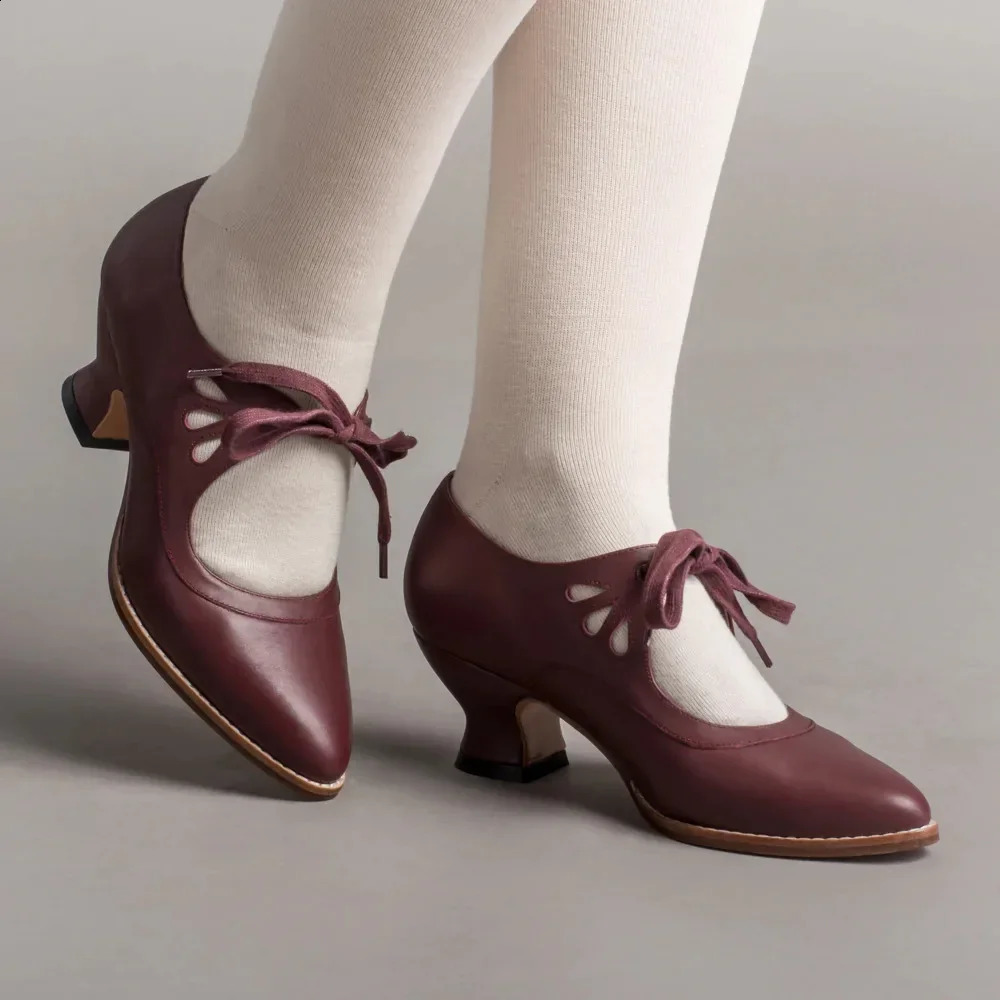 Woman Pumps Retro Mary Jane Shoes Vintage Lace Up High Heels Low Heel Plus Size Dress Zapatos De Mujer 250118