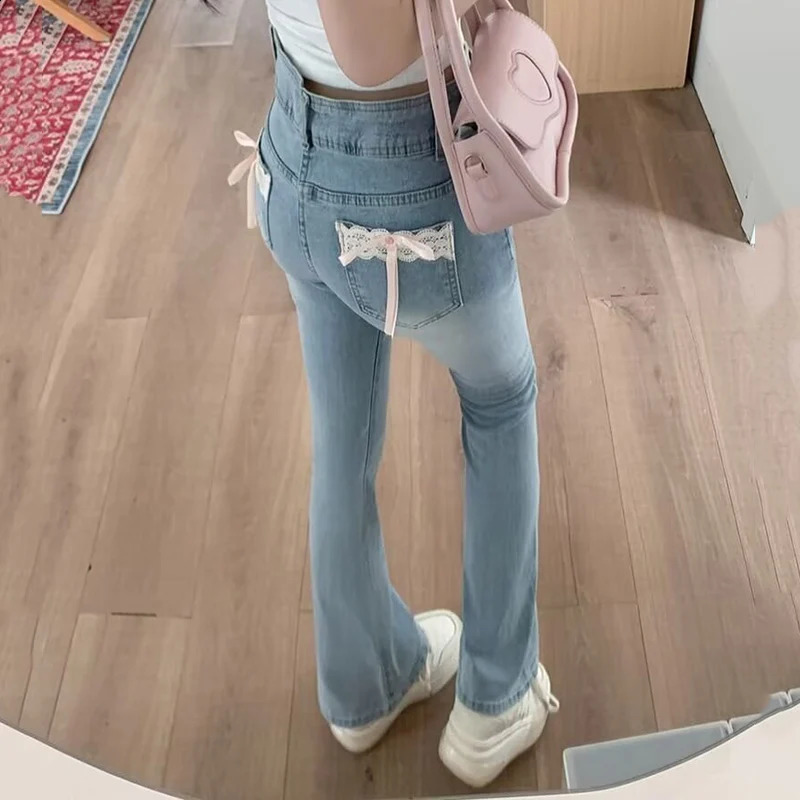 Woman Daily Vintage Blue Flare Jeans Female High Waist Stretch Bell Bottom Pants Girls Kawaii Lace Bow Decoration Denim Trousers 250206