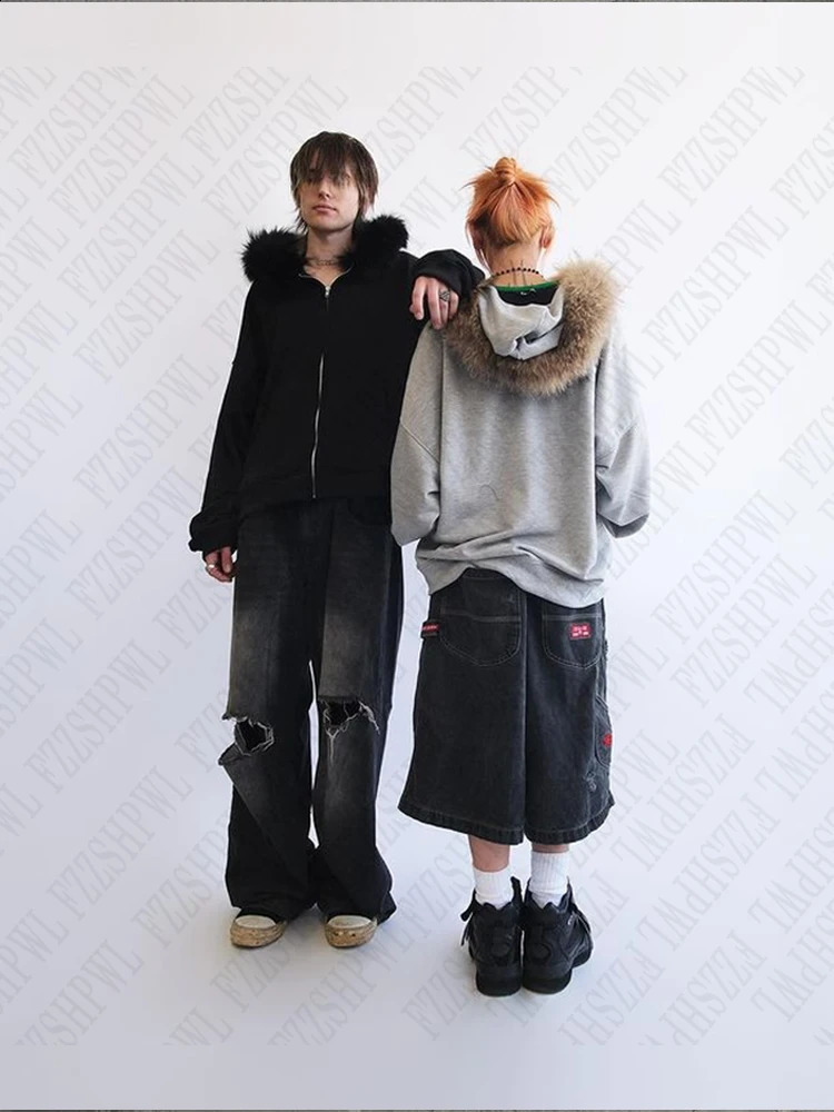 Plush lining solid color pattern Hoodie casual chic Y2K top rock fashion street retro grunge punk hip hop Harajuku couple Hoodie 250109