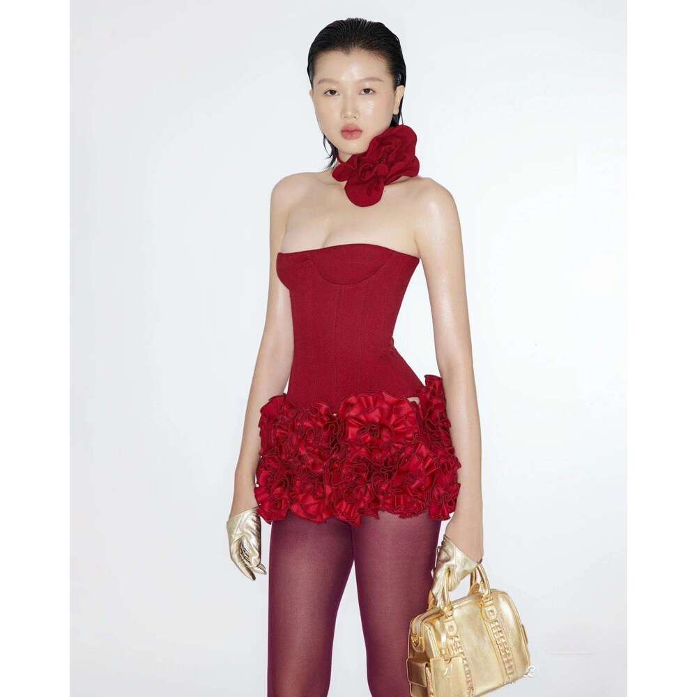 Dress Red Pink Color Women Sexy Strapless Laced-Up Bodycon Tops Rals Mini 2 Pieces Celebrate Christmas Evening Party Dress