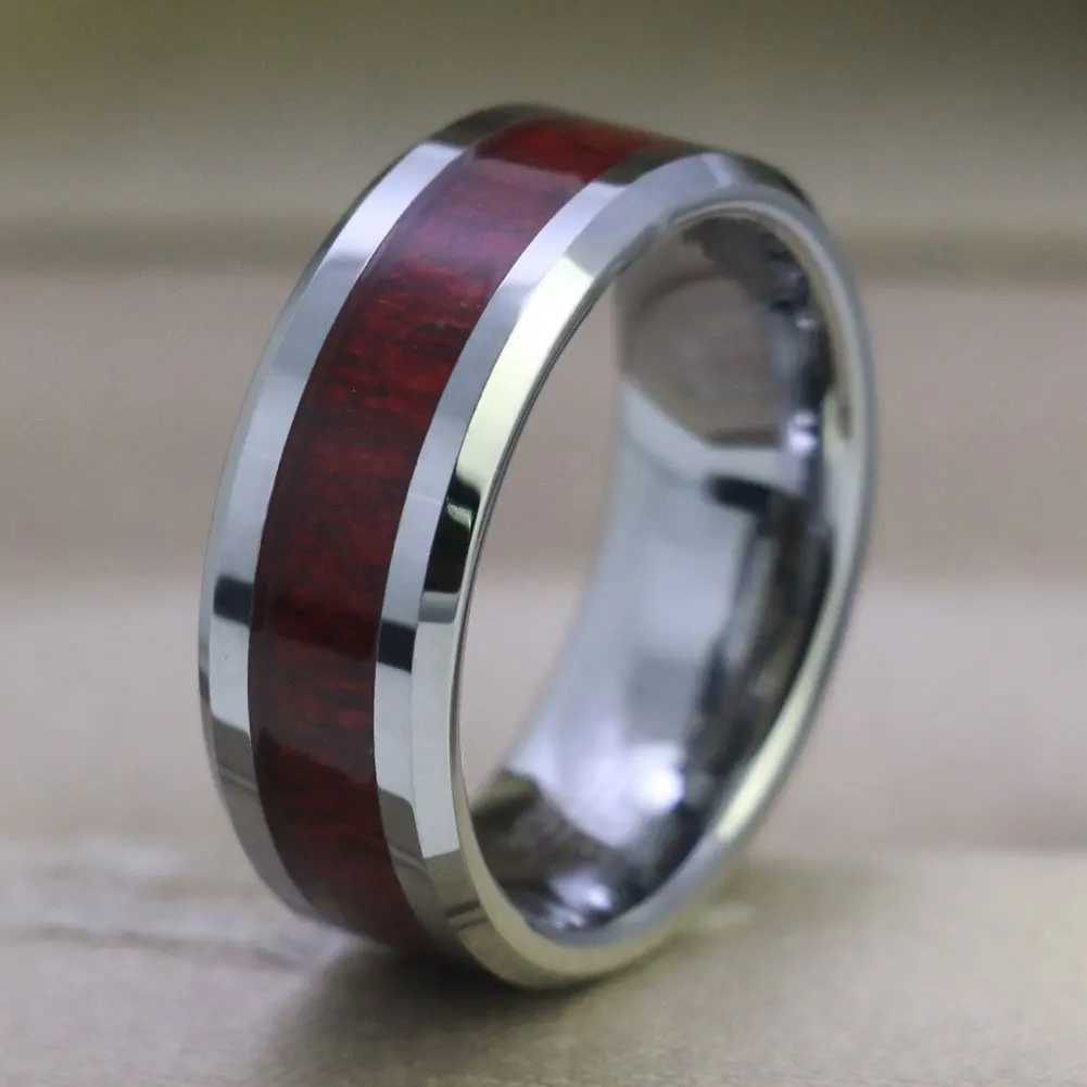 Fashion Couple Rings Women Heart White Crystal CZ Rings Set Mens Red Wood Inlay Stainless Steel Ring Wedding Band Jewelry Gifts W250207