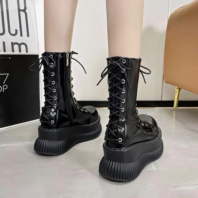 8cm Black Glossy Straps Punk Style Boots for Women Autumn and Winter Thicksoled Heightening Platform Midcalf Knight 250117