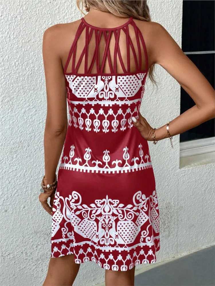 Sexy Dress For Women Hollow Off Sveless Printed Dress Retro Ele Vacation Beach Sundress Slim Fitting Women Midi VestidosXJ2500207