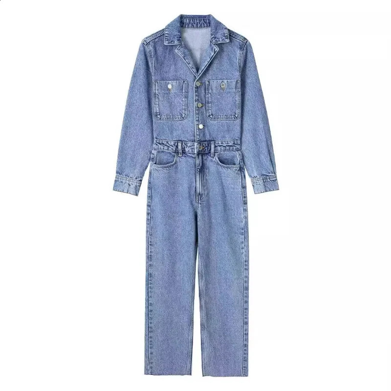 Denim One Piece Women Jumpsuits Turn Down Collar Full Sleeve Slim Fit Tight Waist Wide Leg Long Pants Overalls Casual Rompers 250206