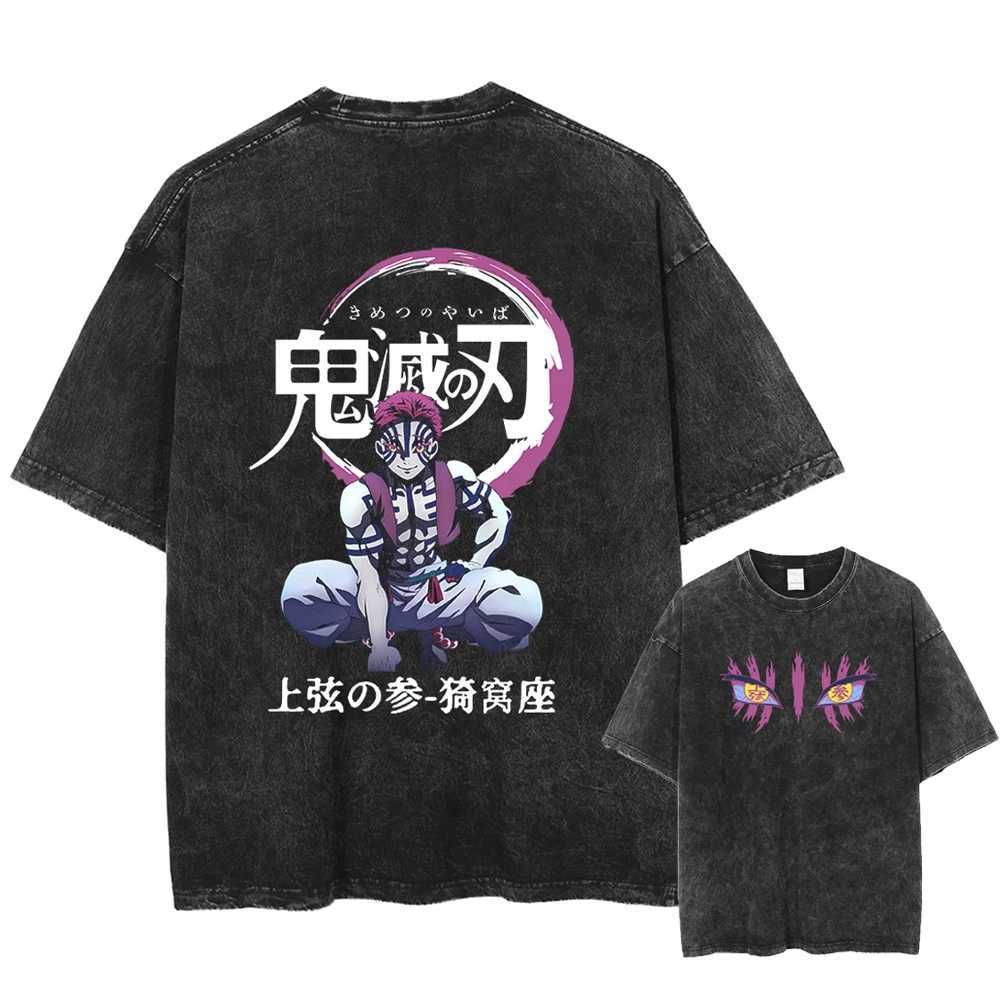 Printed Washed Tshirt Anime Demon Slayer Cotton Men Vintage Washed T-Shirt Graphic Tshirt Streetwear Tees Summer Casual ClothesT250207