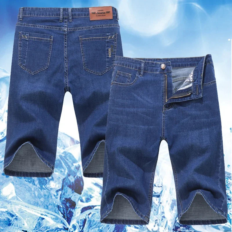 Summer mens business denim shorts thin straight casual office clothing black blue 250207