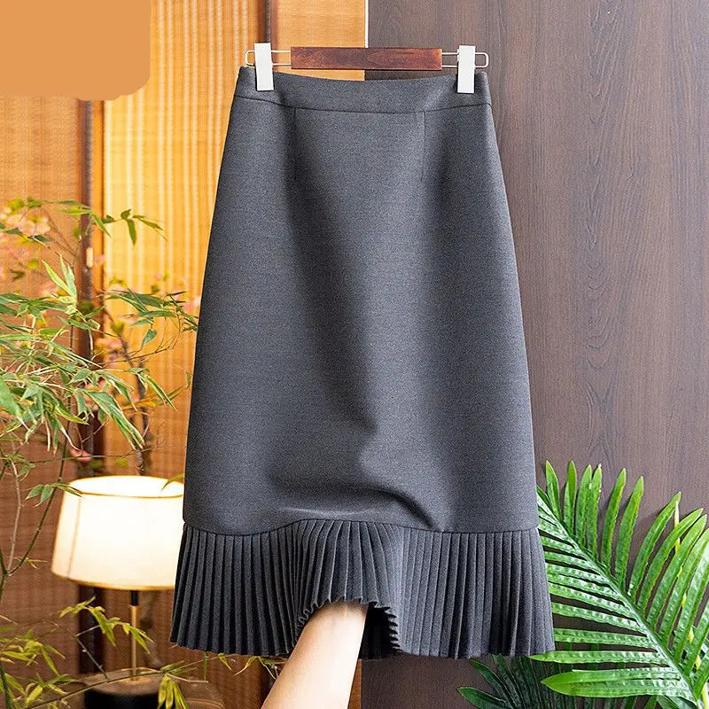 Fashion Solid Color Womens Fashion Fishtail Skirt Commuting Straight Tube High Waist Slim Temperament Pleated Skirt Lady 250207