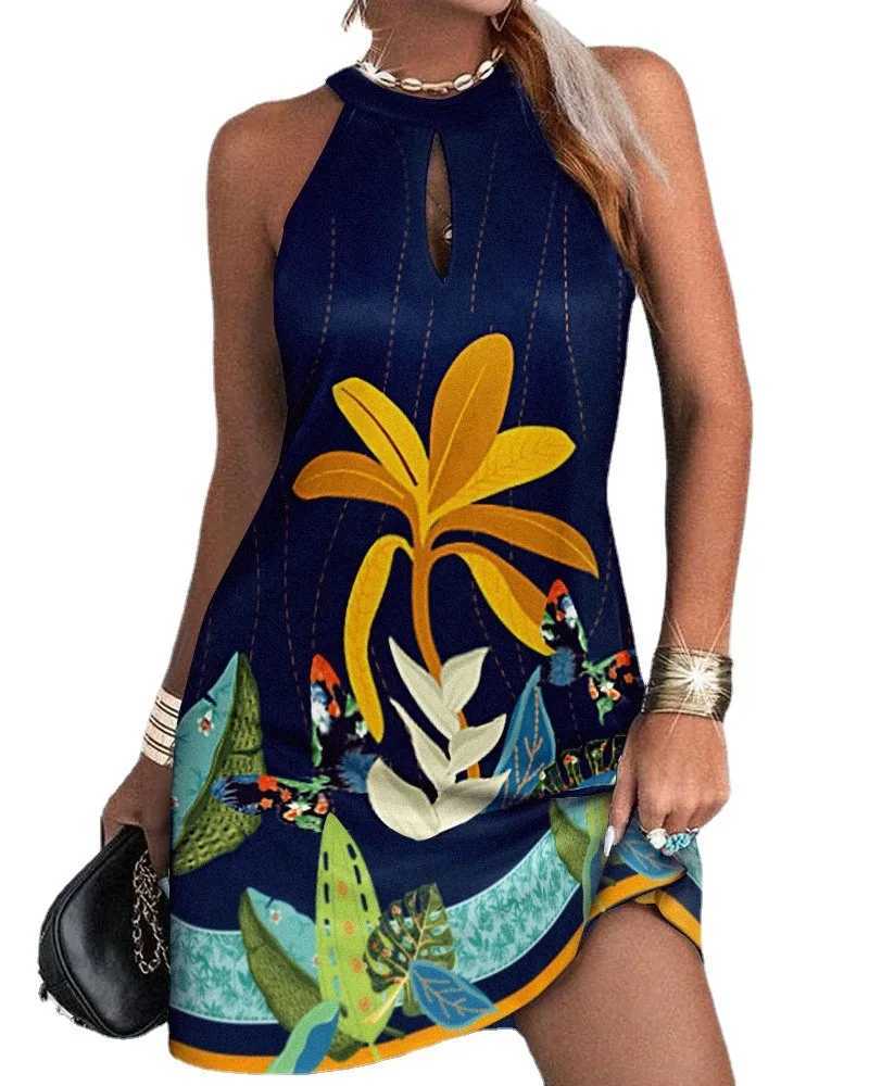 Women Halter Floral Print Mini Loose Dress Summer Fe Sveless Halter Beachwear Sundress SZE-ST23013XJ2500207