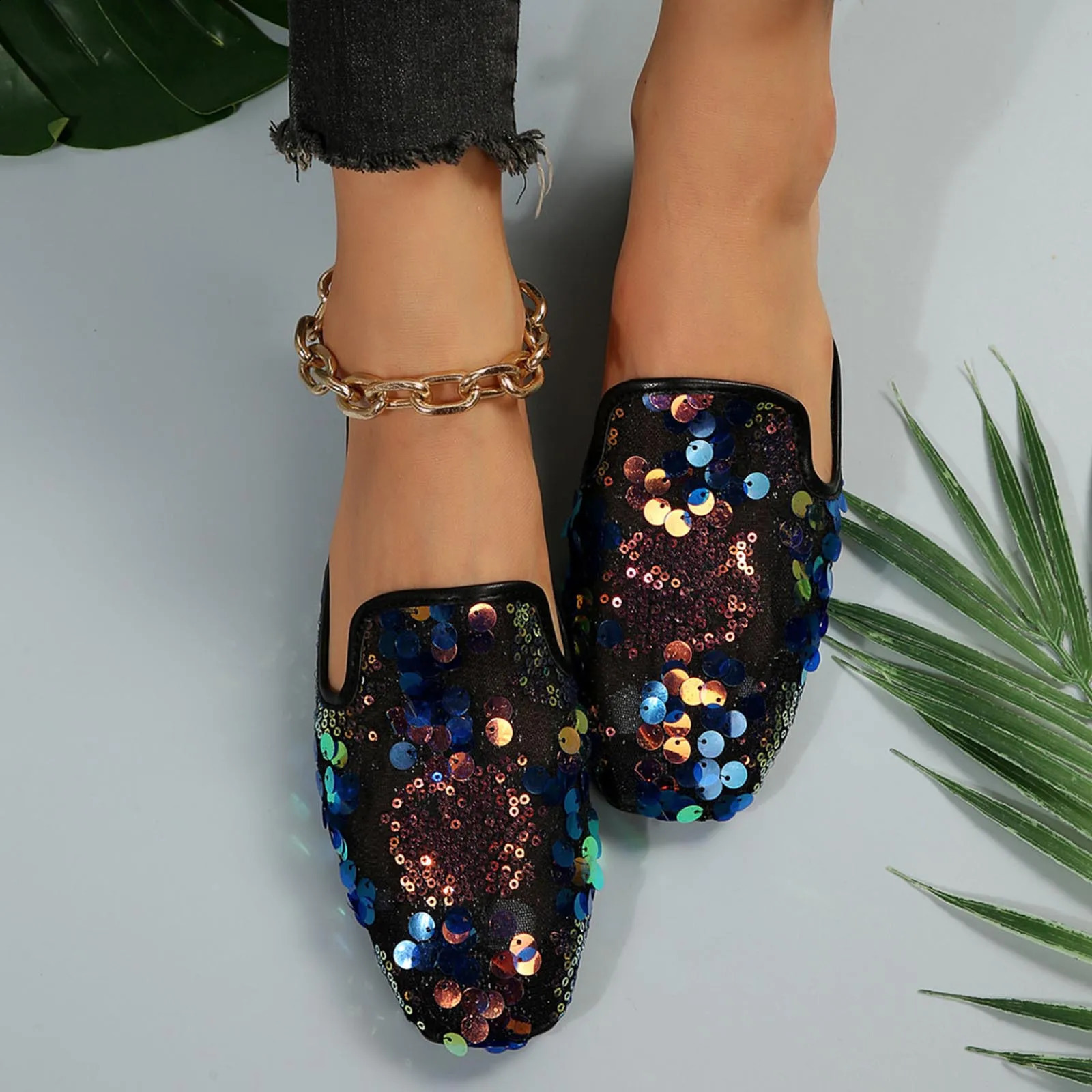 Summer Shoes For Women 2024 Women Casual Shoes Fashionable Pattern Sequin Decoration Square Toe Flat Zapatos Para Mujeres 250206