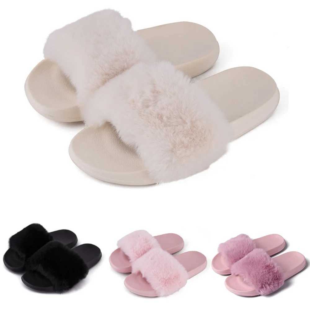 Summer indoor shoes ladies comfortable flat solid color open toe flip flops fake fur fox fur slippersXJ250207