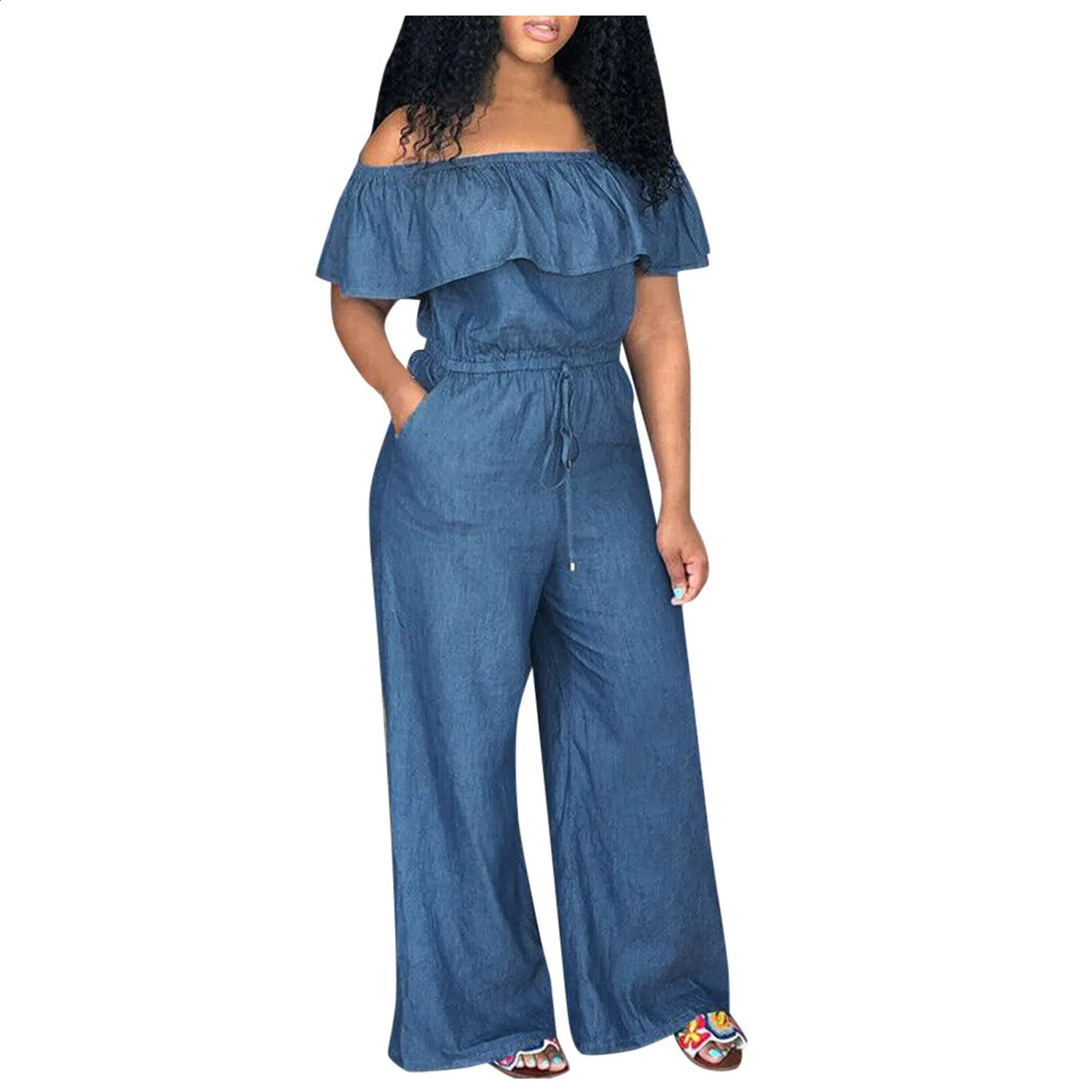Plus Size 5xl Elegant Office Jumpsuits Women Long Denim Rompers 2024 Summer Casual Solid Color Ruffle Off Shoulder Overalls 250206