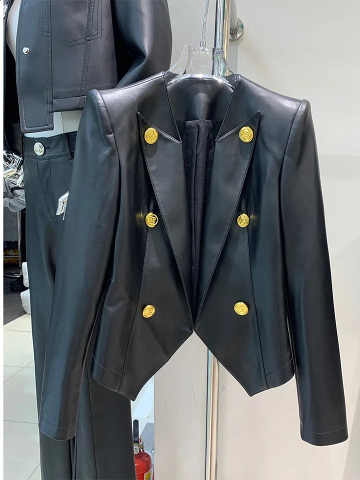 HIGH STREET est ner Jacket Womens Double Breasted Faux Leather Blazer 250120