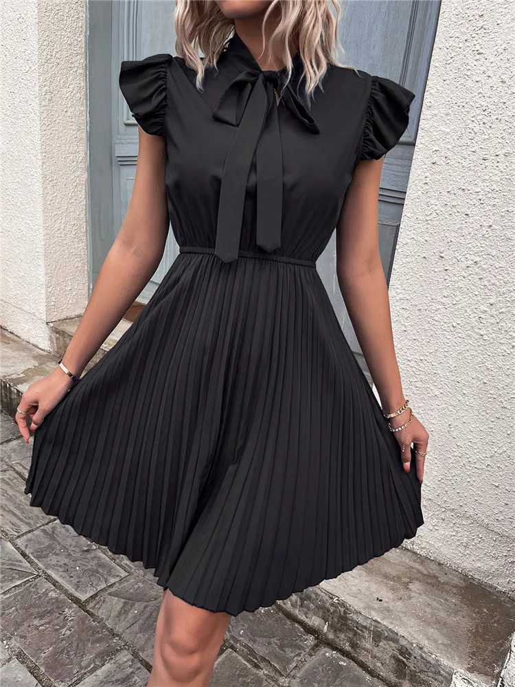 Msfilia Women Summer Ele Bow Collar Pleated Dress Lace Up High Waist Large Fold Ladies Solid Color DressesXJ2500207