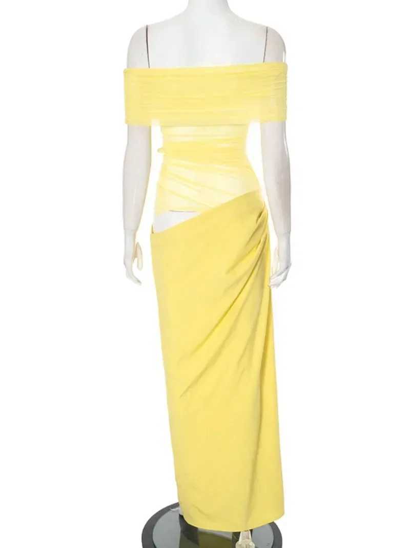 Elegant Yellow Holiday Beach Dresses for Women Sexy Slash Neck Mesh Patchwork Evening Dress Folds Hollow Out Long Party Gowns X250207