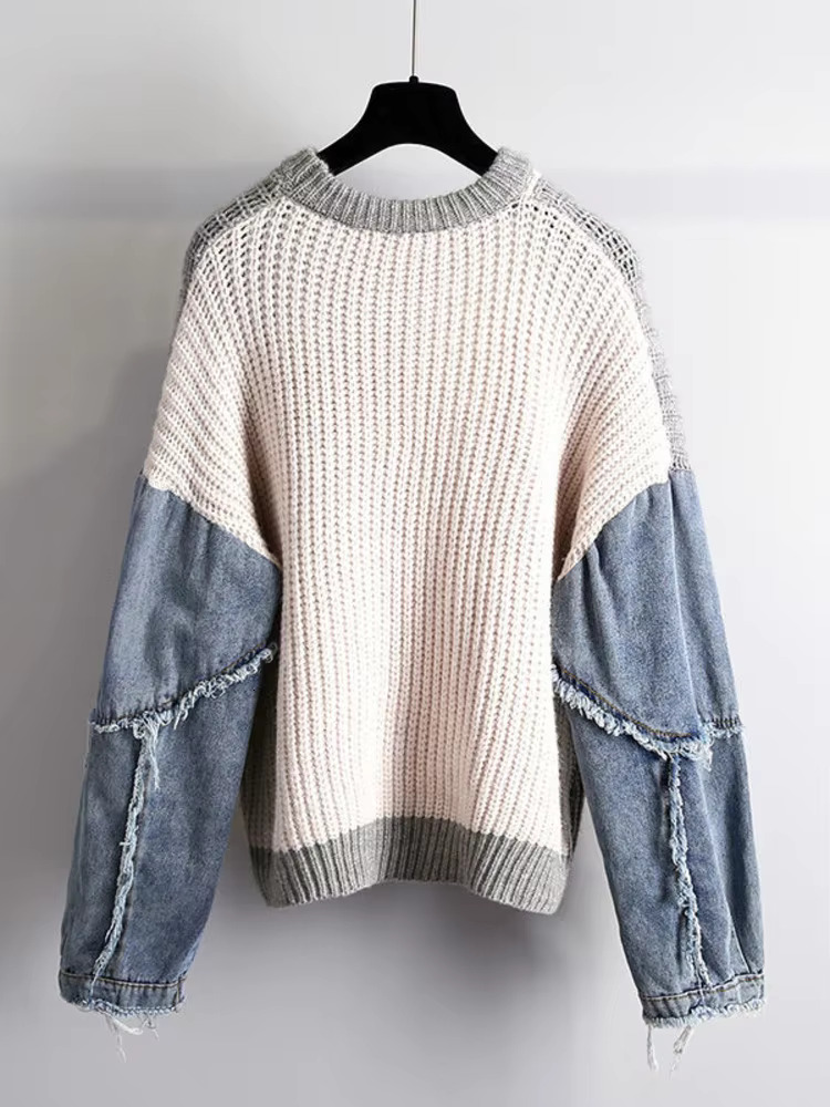 Denim Ed Long Sleeve Sweater Women Pullover Autumn Spring 2025 Wear Korean Loose Thicken Knitting Top Gray Clothing