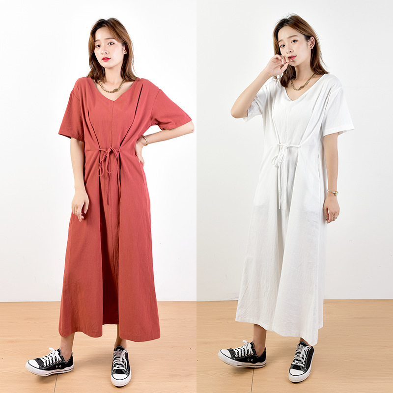 F7410 Japanese lazy front and back two-wear summer new solid color large size loose slim dress fashionable simple style