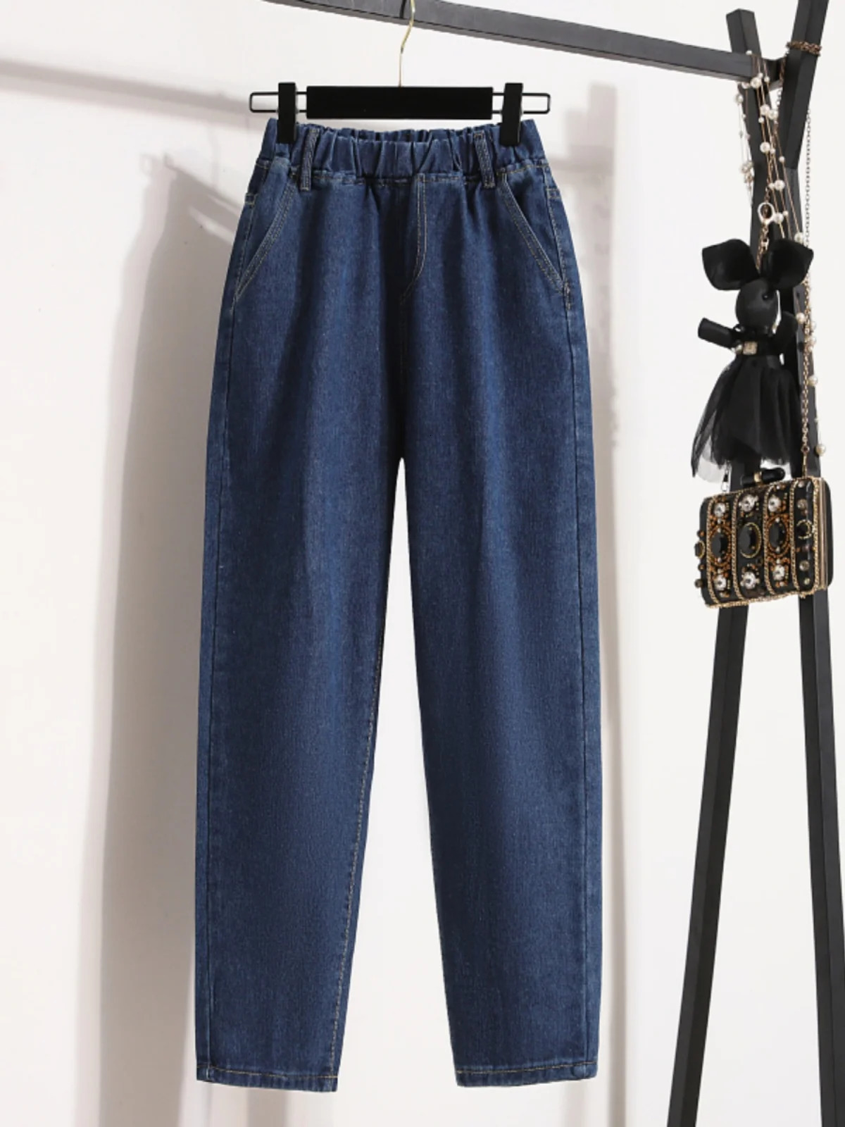 Large Size High Waisted Jeans Fashion Loose Elastic Waist Casual Harlan Pants 2024 Autumn AnkleLength Denim 250121