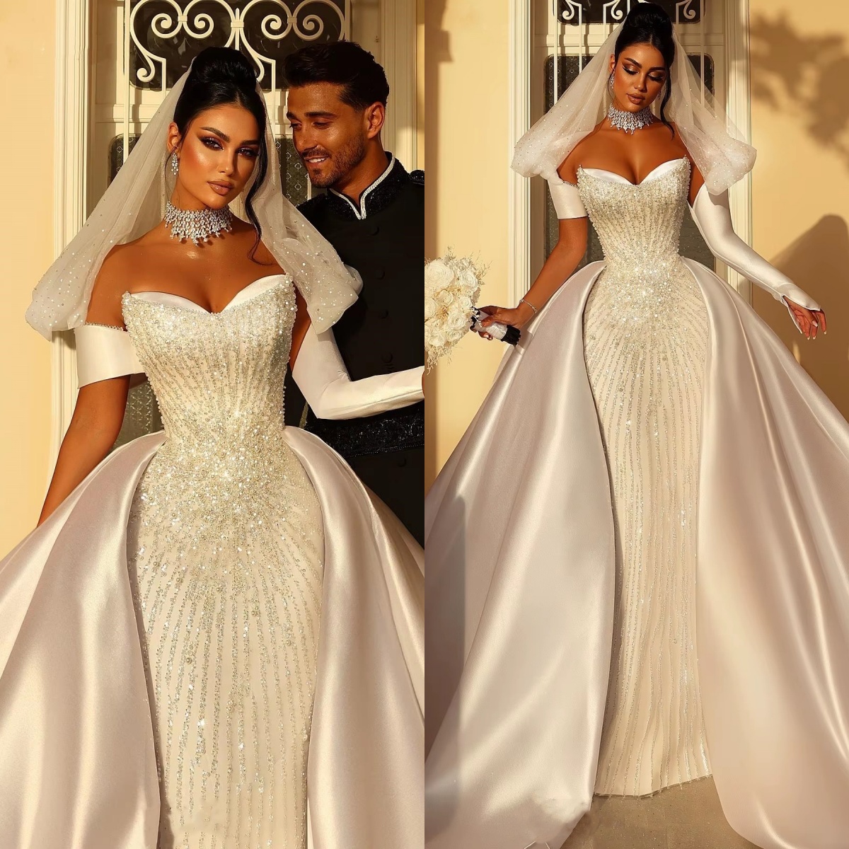Exquisite Bridal Gowns Pearls Sequins Wedding Dress with Overskirts Custom Made Princess Strapless Sweep Train Bride Dresses Vestido de novia